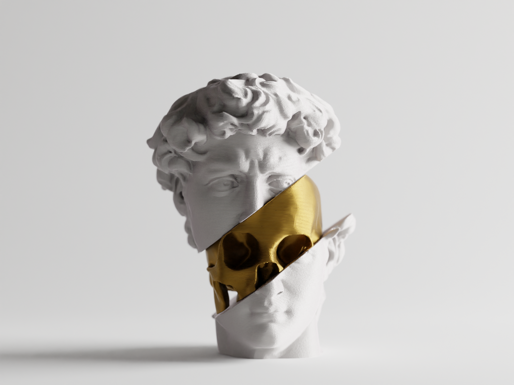 AUREUS DAVID – Skulptur „Split Bust“ mit Gold-Schädel (3D-Druck, Deko)