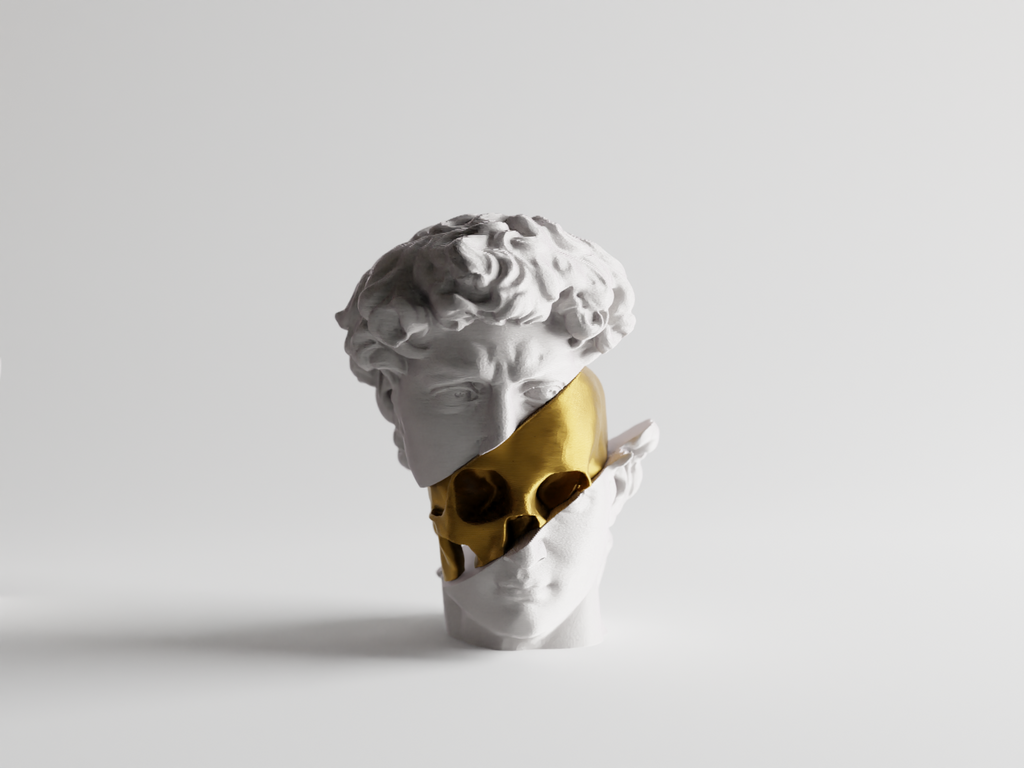 AUREUS DAVID – Skulptur „Split Bust“ mit Gold-Schädel (3D-Druck, Deko)