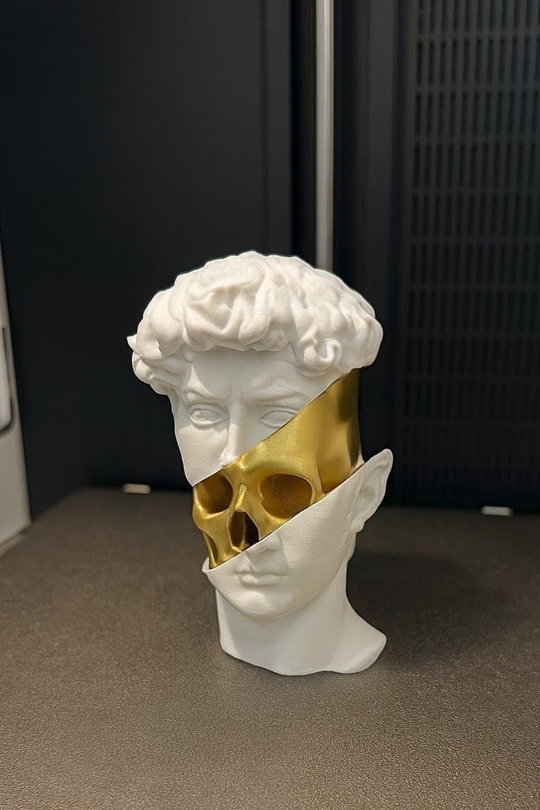 AUREUS DAVID – Skulptur „Split Bust“ mit Gold-Schädel (3D-Druck, Deko)