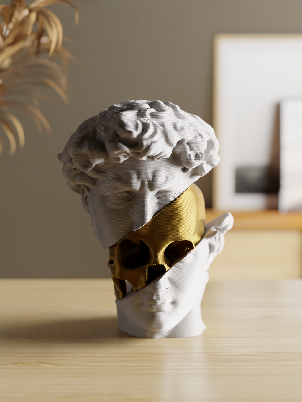 AUREUS DAVID – Skulptur „Split Bust“ mit Gold-Schädel (3D-Druck, Deko)